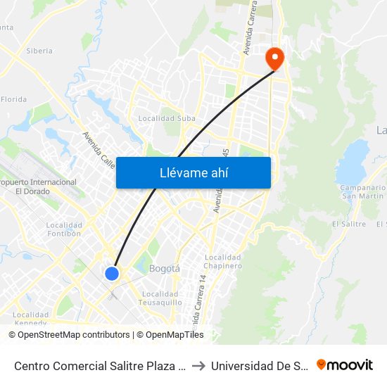 Centro Comercial Salitre Plaza (Av. La Esperanza - Kr 68b) to Universidad De San Buenaventura map