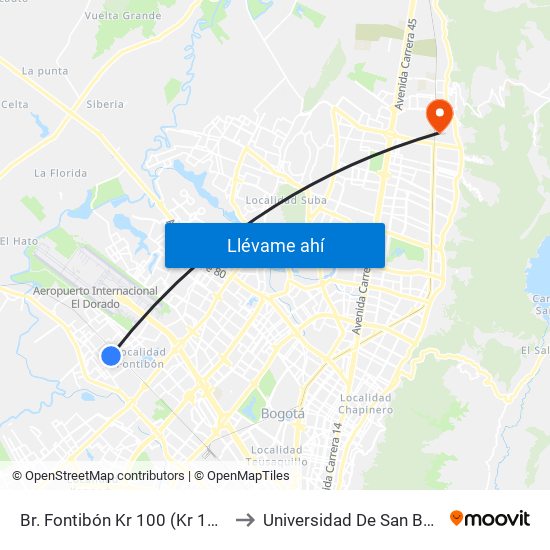 Br. Fontibón Kr 100 (Kr 100 - Cl 20) (A) to Universidad De San Buenaventura map