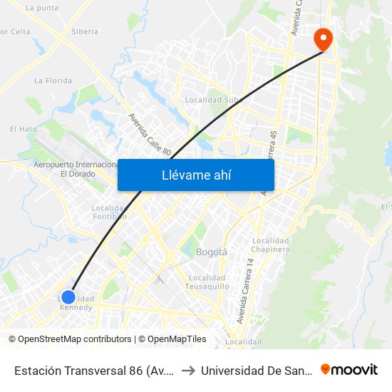 Estación Transversal 86 (Av. Américas - Kr 80c) to Universidad De San Buenaventura map