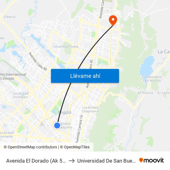 Avenida El Dorado (Ak 50 - Ac 26) to Universidad De San Buenaventura map