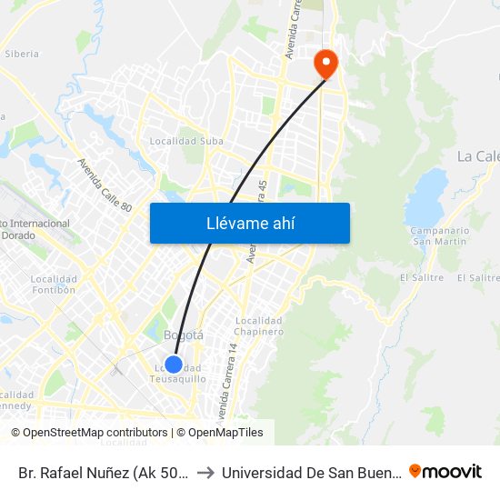 Br. Rafael Nuñez (Ak 50 - Cl 44f) to Universidad De San Buenaventura map