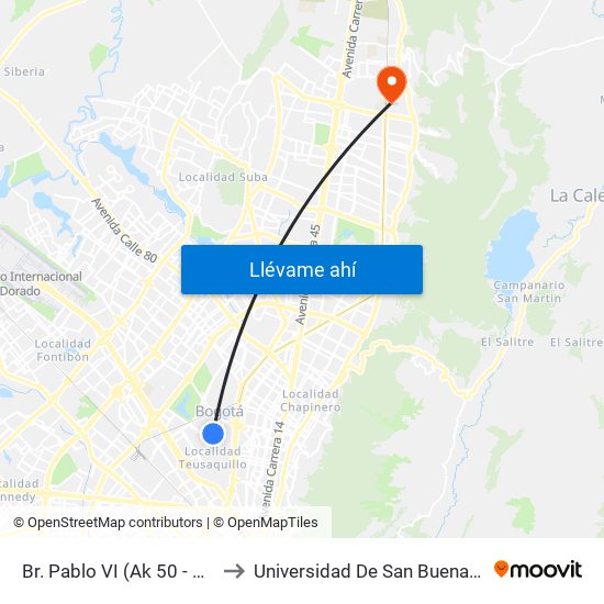 Br. Pablo VI (Ak 50 - Cl 57d) to Universidad De San Buenaventura map