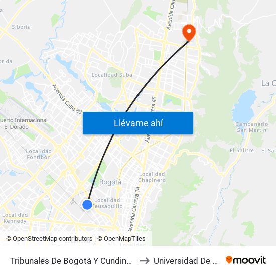 Tribunales De Bogotá Y Cundinamarca (Av. Esperanza - Kr 53) to Universidad De San Buenaventura map