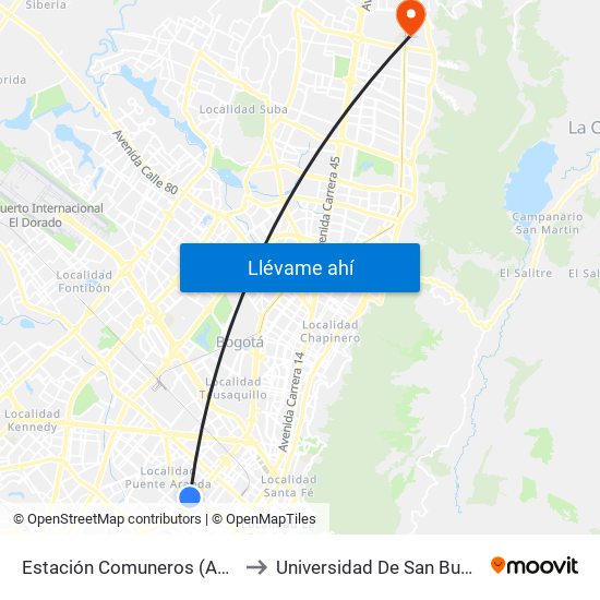 Estación Comuneros (Ac 6 - Ak 30) to Universidad De San Buenaventura map