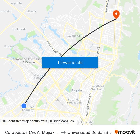 Corabastos (Av. A. Mejía - Av. Américas) to Universidad De San Buenaventura map