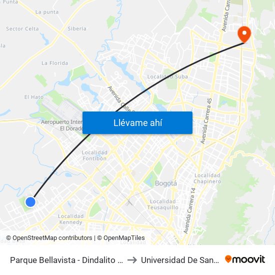 Parque Bellavista - Dindalito (Kr 95 - Cl 42b Sur) to Universidad De San Buenaventura map