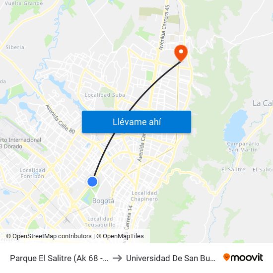 Parque El Salitre (Ak 68 - Ac 63) (A) to Universidad De San Buenaventura map