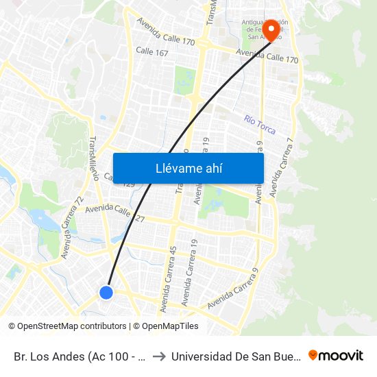 Br. Los Andes (Ac 100 - Kr 66) (B) to Universidad De San Buenaventura map
