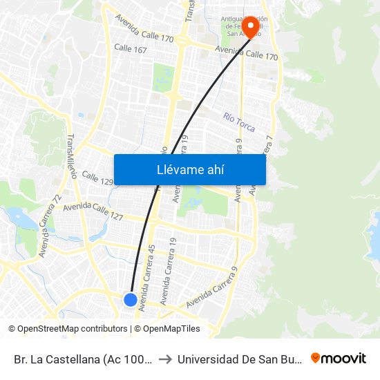 Br. La Castellana (Ac 100 - Kr 45) (A) to Universidad De San Buenaventura map