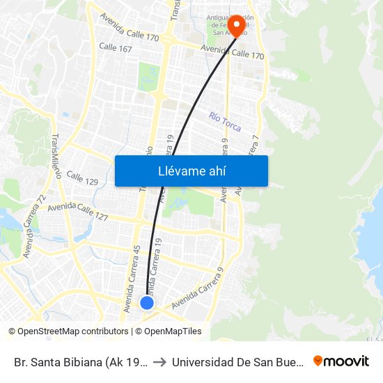 Br. Santa Bibiana (Ak 19 - Cl 100) to Universidad De San Buenaventura map