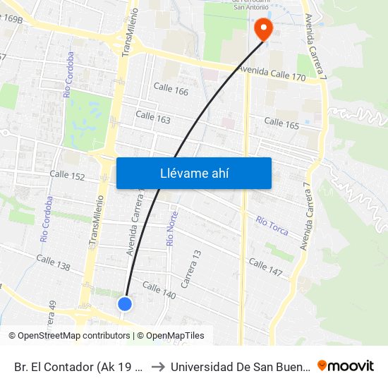 Br. El Contador (Ak 19 - Cl 135) to Universidad De San Buenaventura map