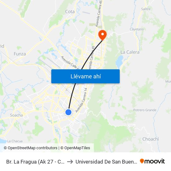 Br. La Fragua (Ak 27 - Cl 14 Sur) to Universidad De San Buenaventura map