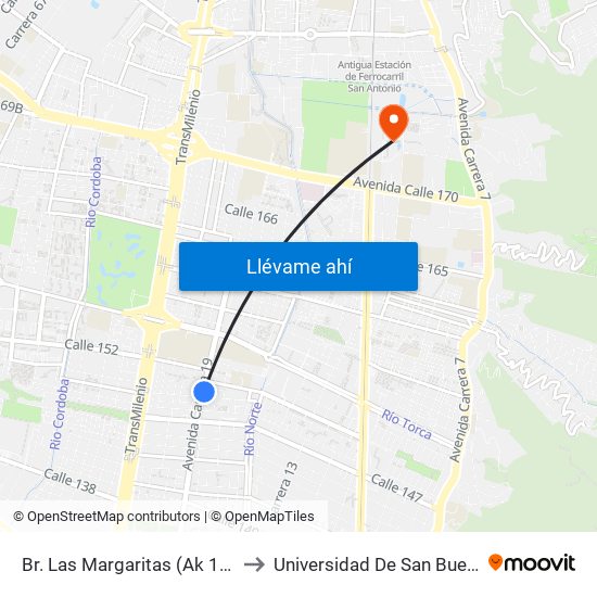 Br. Las Margaritas (Ak 19 - Cl 150) to Universidad De San Buenaventura map