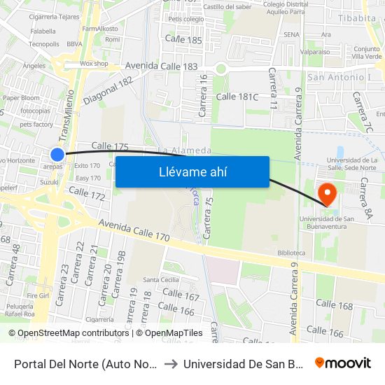 Portal Del Norte (Auto Norte - Cl 174a) to Universidad De San Buenaventura map