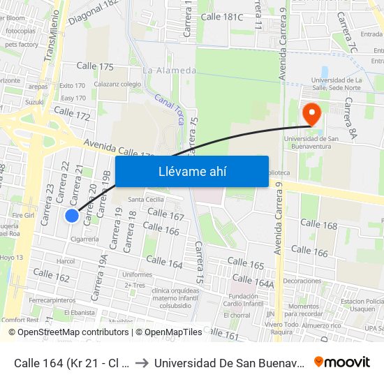 Calle 164 (Kr 21 - Cl 164) to Universidad De San Buenaventura map