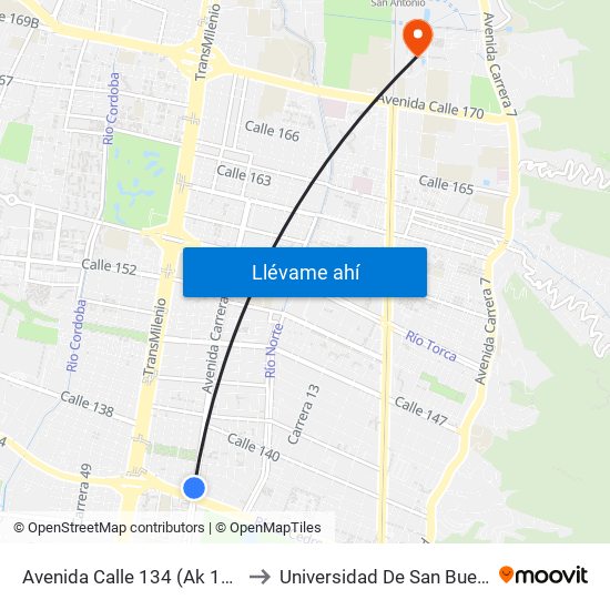 Avenida Calle 134 (Ak 19 - Ac 134) to Universidad De San Buenaventura map