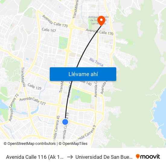 Avenida Calle 116 (Ak 19 - Cl 114) to Universidad De San Buenaventura map