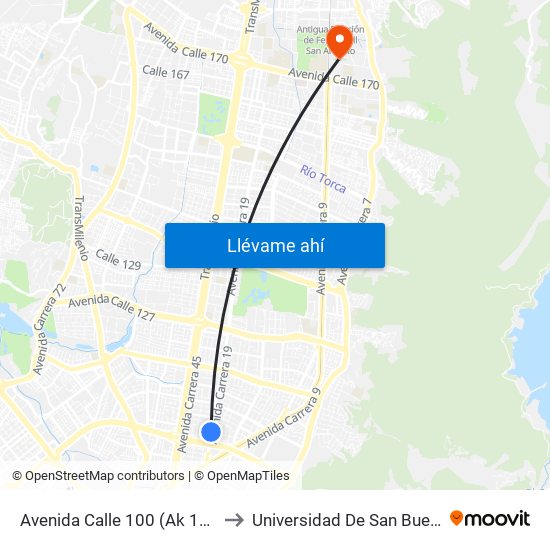 Avenida Calle 100 (Ak 19 - Ac 100) to Universidad De San Buenaventura map