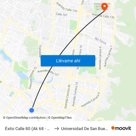 Éxito Calle 80 (Ak 68 - Ac 80) (A) to Universidad De San Buenaventura map