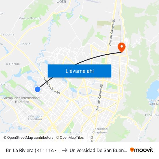 Br. La Riviera (Kr 111c - Cl 70b) to Universidad De San Buenaventura map