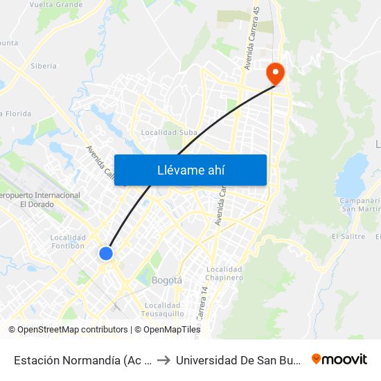 Estación Normandía (Ac 26 - Kr 74) to Universidad De San Buenaventura map