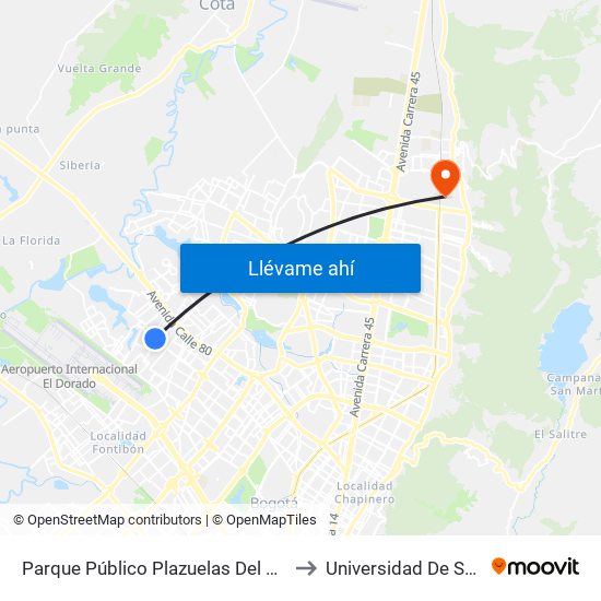 Parque Público Plazuelas Del Virrey (Ac 72 - Kr 105h) (A) to Universidad De San Buenaventura map
