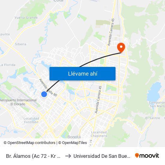 Br. Álamos (Ac 72 - Kr 101a) (A) to Universidad De San Buenaventura map