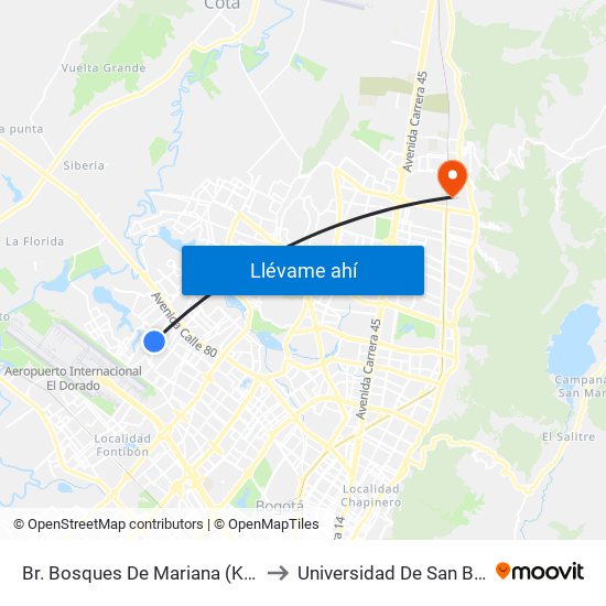 Br. Bosques De Mariana (Kr 106a - Cl 70f) to Universidad De San Buenaventura map
