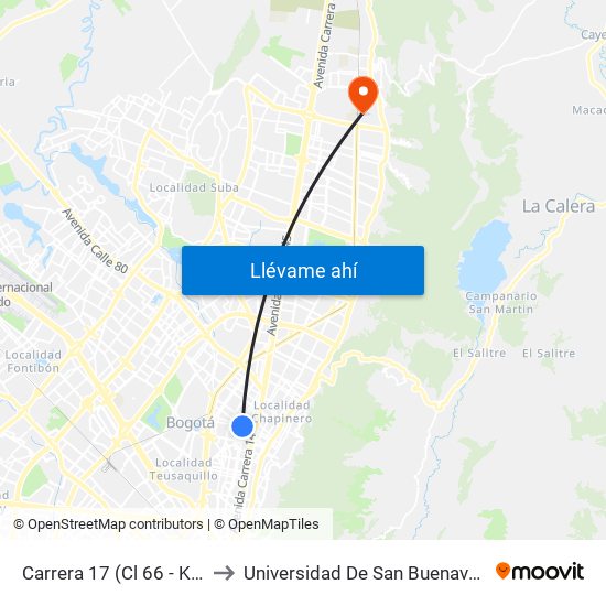 Carrera 17 (Cl 66 - Kr 17) to Universidad De San Buenaventura map