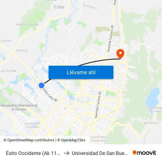 Éxito Occidente (Ak 114 - Cl 79) to Universidad De San Buenaventura map