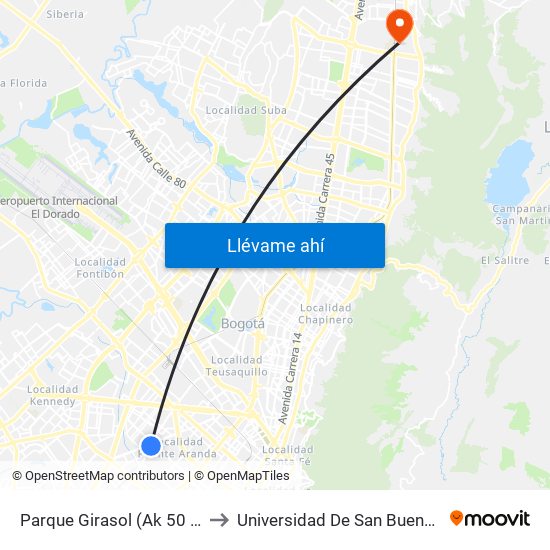 Parque Girasol (Ak 50 - Cl 2c) to Universidad De San Buenaventura map