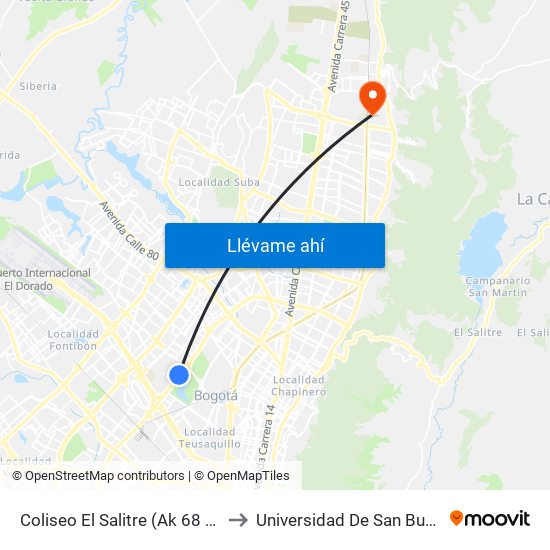 Coliseo El Salitre (Ak 68 - Ac 63) (A) to Universidad De San Buenaventura map