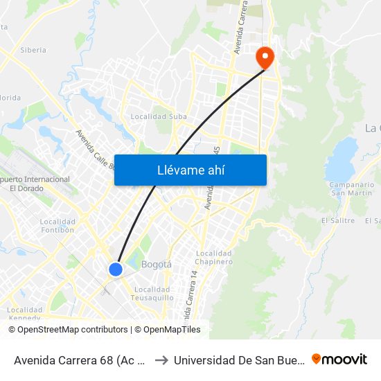 Avenida Carrera 68 (Ac 26 - Kr 68) to Universidad De San Buenaventura map