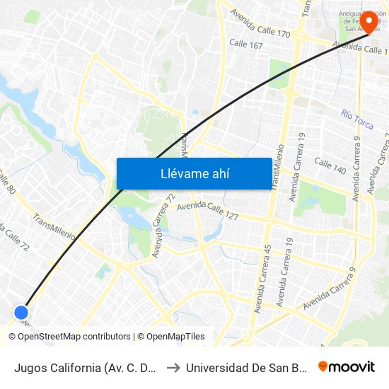 Jugos California (Av. C. De Cali - Ac 63) to Universidad De San Buenaventura map