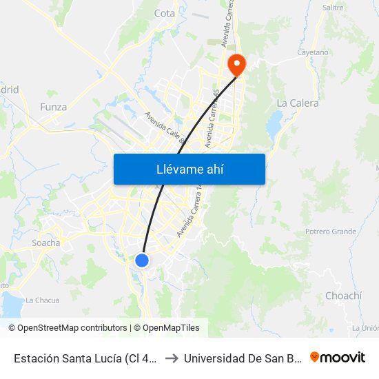 Estación Santa Lucía (Cl 46 Sur - Kr 19a) to Universidad De San Buenaventura map