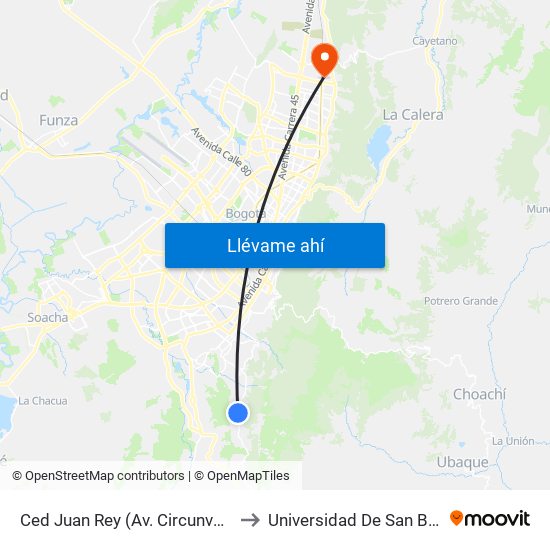 Ced Juan Rey (Av. Circunvalar - Cl 70 Sur) to Universidad De San Buenaventura map