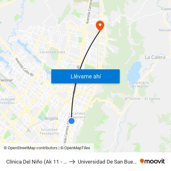 Clínica Del Niño (Ak 11 - Cl 67) (A) to Universidad De San Buenaventura map