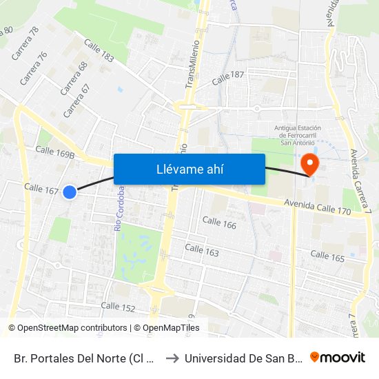 Br. Portales Del Norte (Cl 167 - Av. Villas) to Universidad De San Buenaventura map