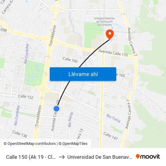 Calle 150 (Ak 19 - Cl 150) to Universidad De San Buenaventura map