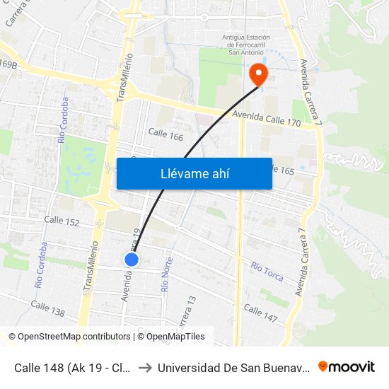 Calle 148 (Ak 19 - Cl 148) to Universidad De San Buenaventura map