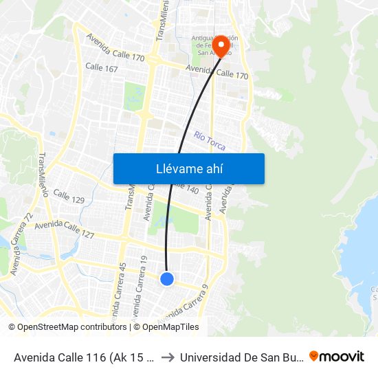 Avenida Calle 116 (Ak 15 - Ac 116) (A) to Universidad De San Buenaventura map