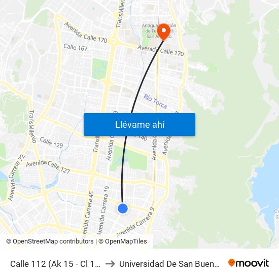 Calle 112 (Ak 15 - Cl 112) (A) to Universidad De San Buenaventura map