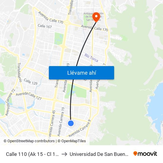 Calle 110 (Ak 15 - Cl 110) (A) to Universidad De San Buenaventura map