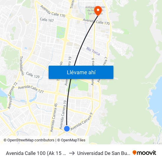 Avenida Calle 100 (Ak 15 - Ac 100) (A) to Universidad De San Buenaventura map