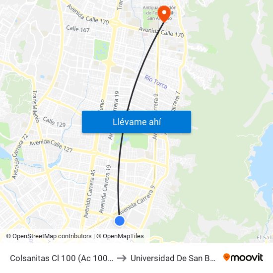 Colsanitas Cl 100 (Ac 100 - Kr 11b) (A) to Universidad De San Buenaventura map