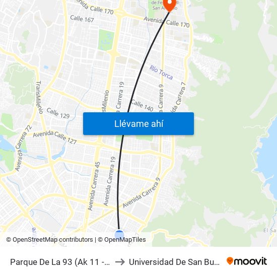 Parque De La 93 (Ak 11 - Cl 93a) (A) to Universidad De San Buenaventura map