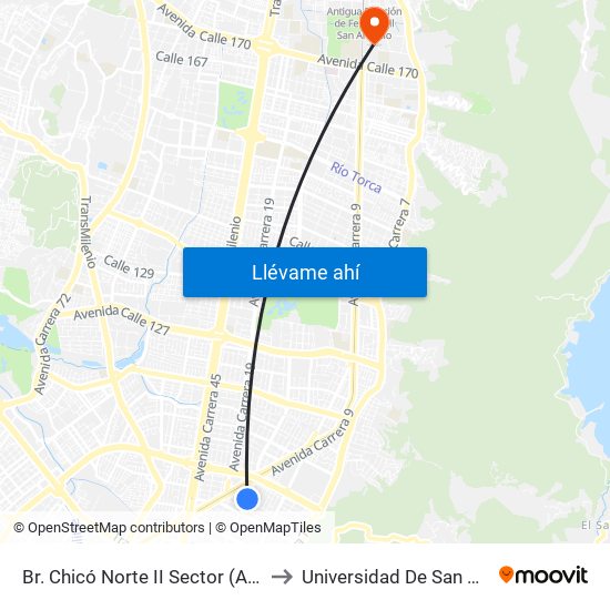 Br. Chicó Norte II Sector (Ak 15 - Cl 95) (A) to Universidad De San Buenaventura map