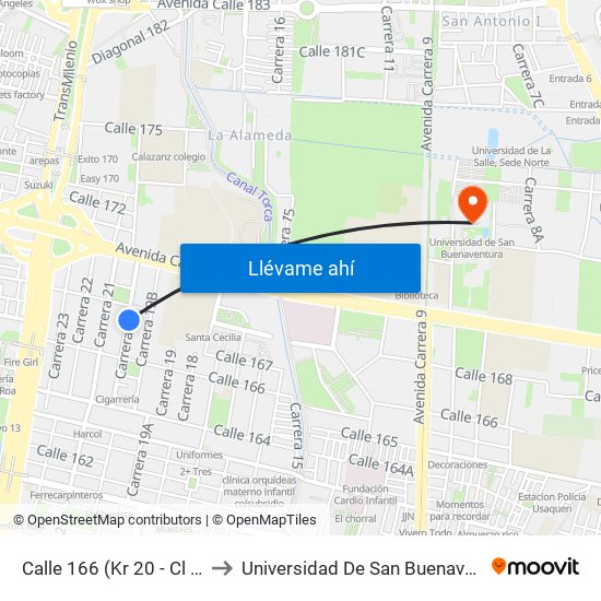 Calle 166 (Kr 20 - Cl 166) to Universidad De San Buenaventura map