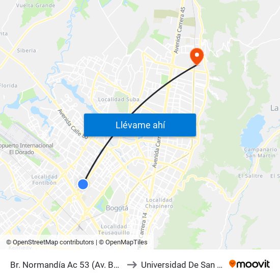 Br. Normandía Ac 53 (Av. Boyacá - Ac 53) (A) to Universidad De San Buenaventura map