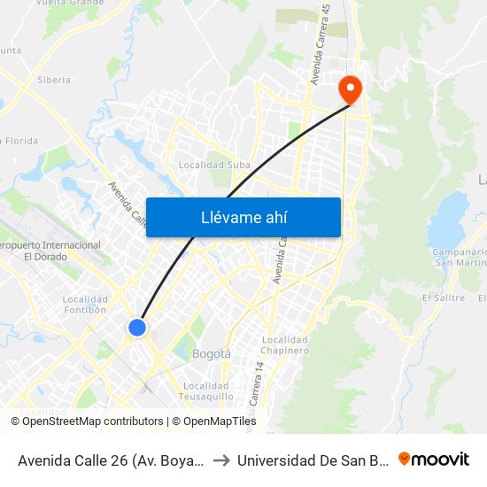 Avenida Calle 26 (Av. Boyacá - Ac 26) (A) to Universidad De San Buenaventura map
